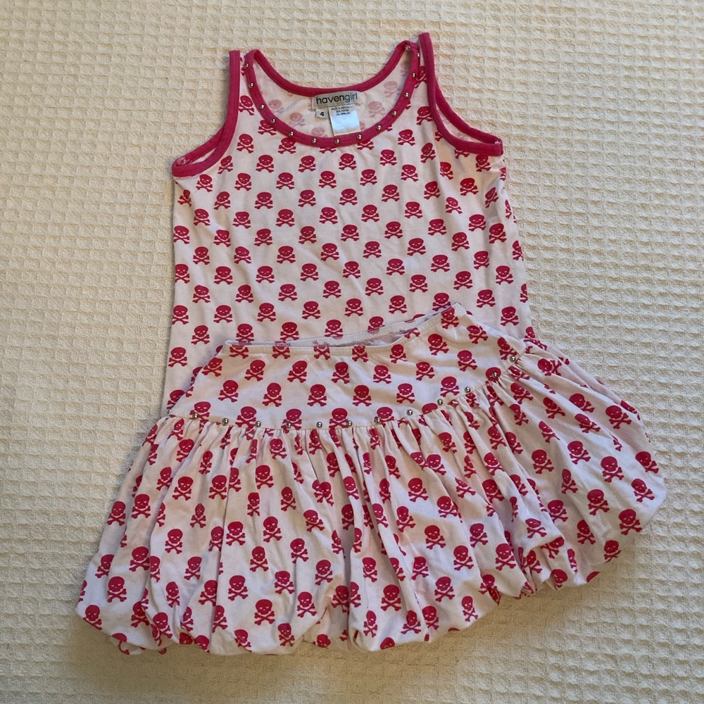Haven Girl Pink & White Skirt Set With Skull & Crossbones Print Size 4